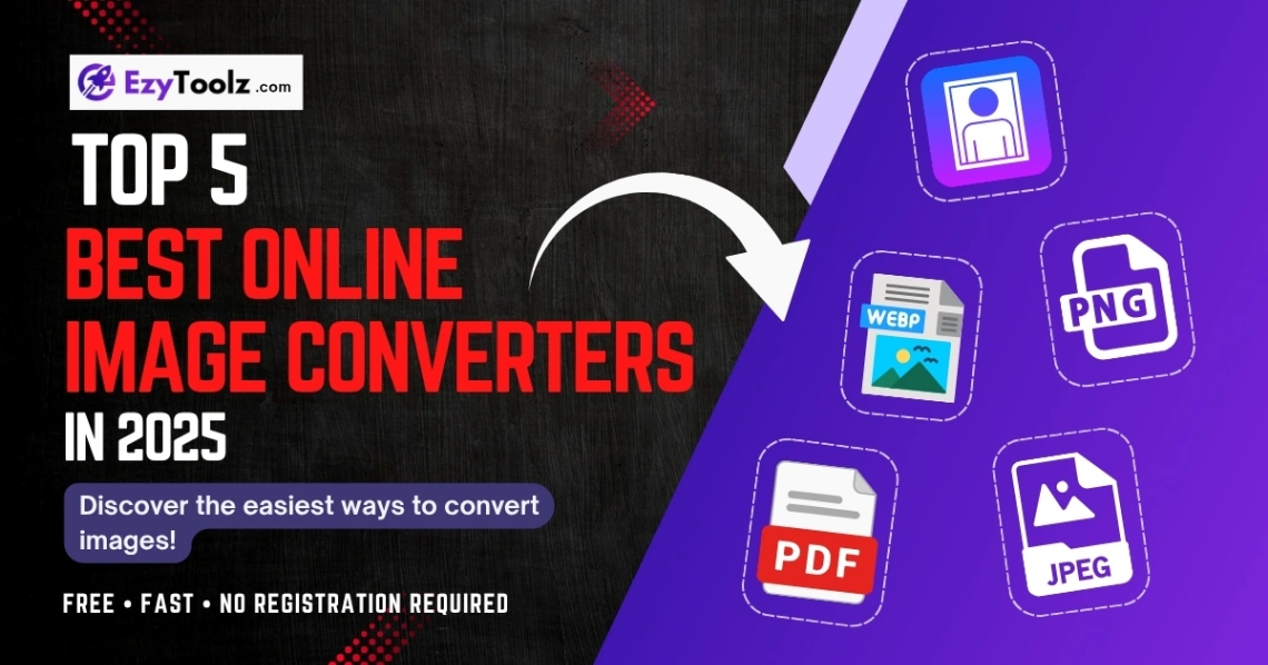 Blog post thumbnail for 'Top 5 Best Online Image Converters in 2025' from Ezytoolz.com, featuring various image tool icons.