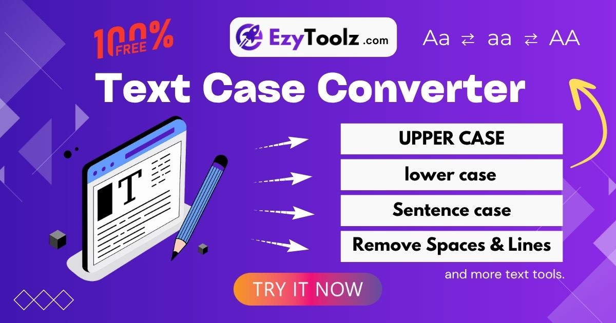 A promotional thumbnail for the EzyToolz free text case converter online, showing various formatting options like UPPERCASE and Sentence case.