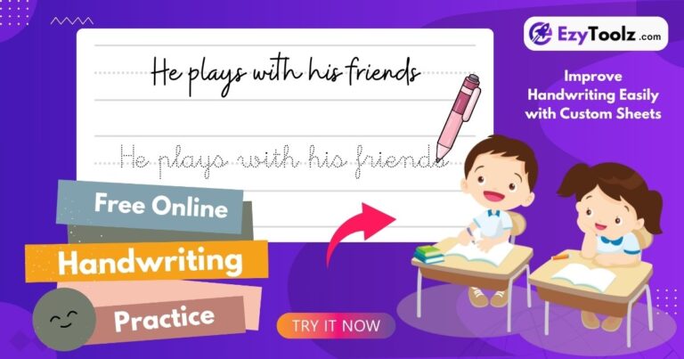 A guide to creating free handwriting practice sheets with an online generator tool, showing kids practicing their writing.