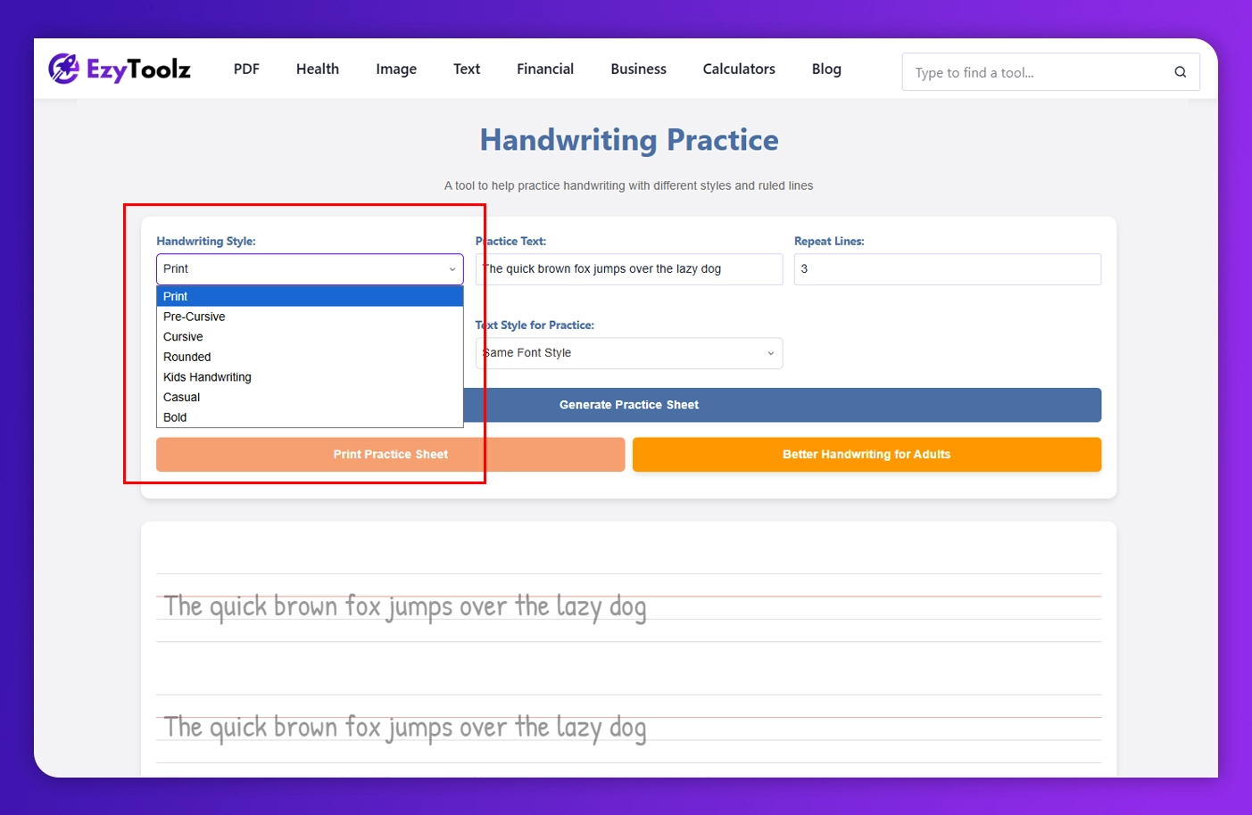 'EzyToolz handwriting practice tool showing multiple font styles including cursive and print