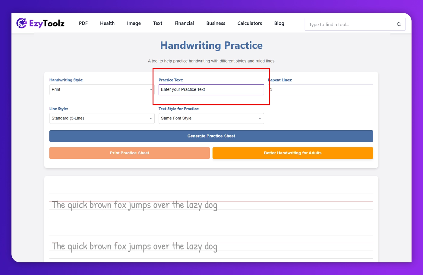 'Custom text input in EzyToolz free handwriting practice sheets generator
