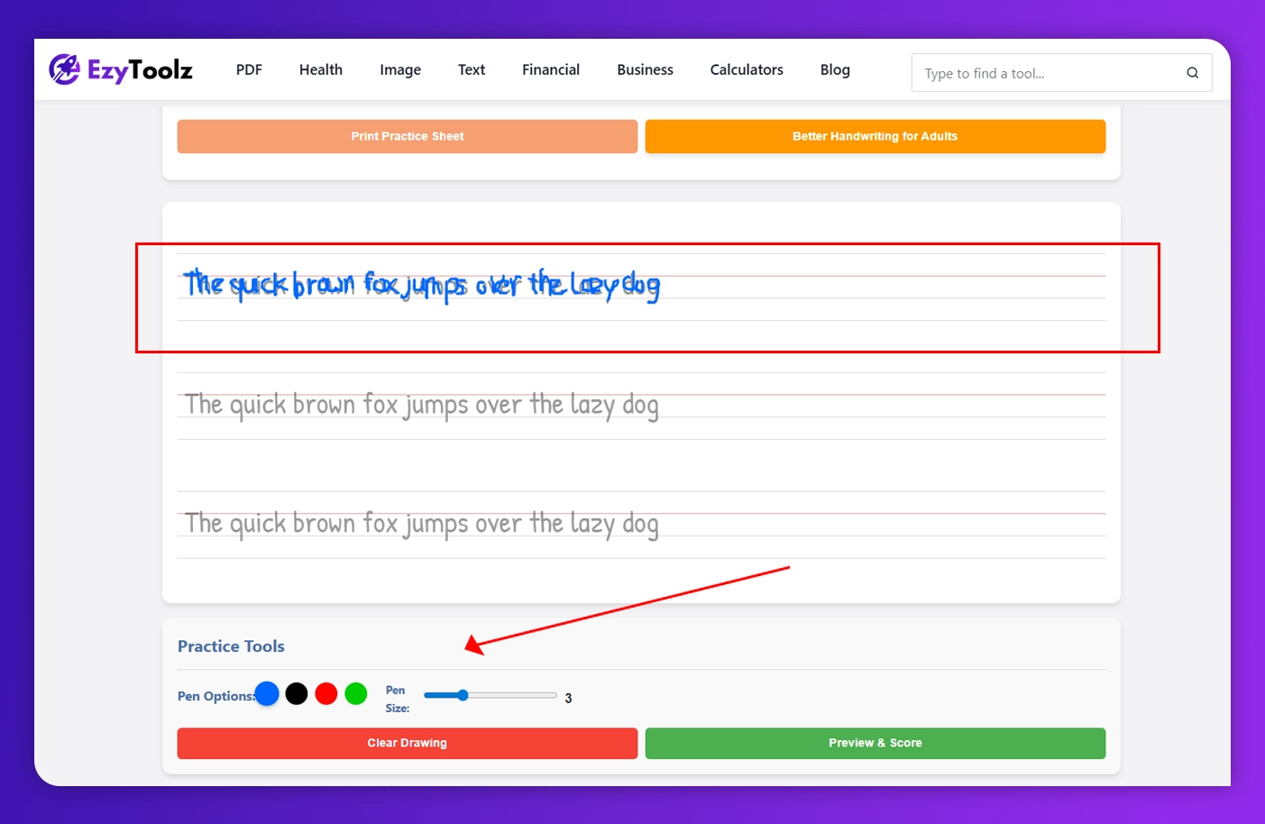 'On-screen drawing tool in EzyToolz handwriting practice — pen color and size options