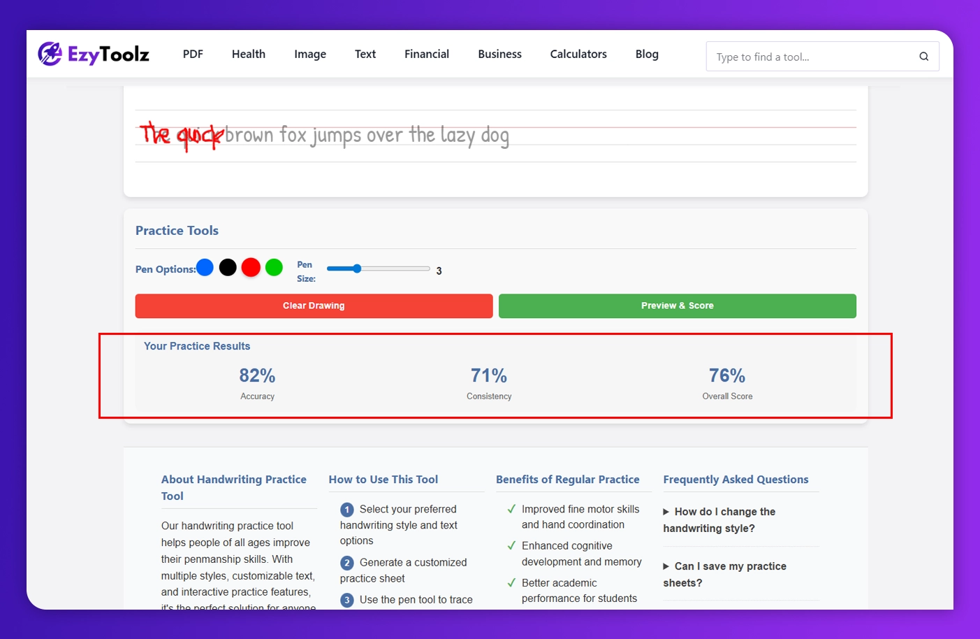 'Handwriting accuracy score and feedback in EzyToolz practice tool