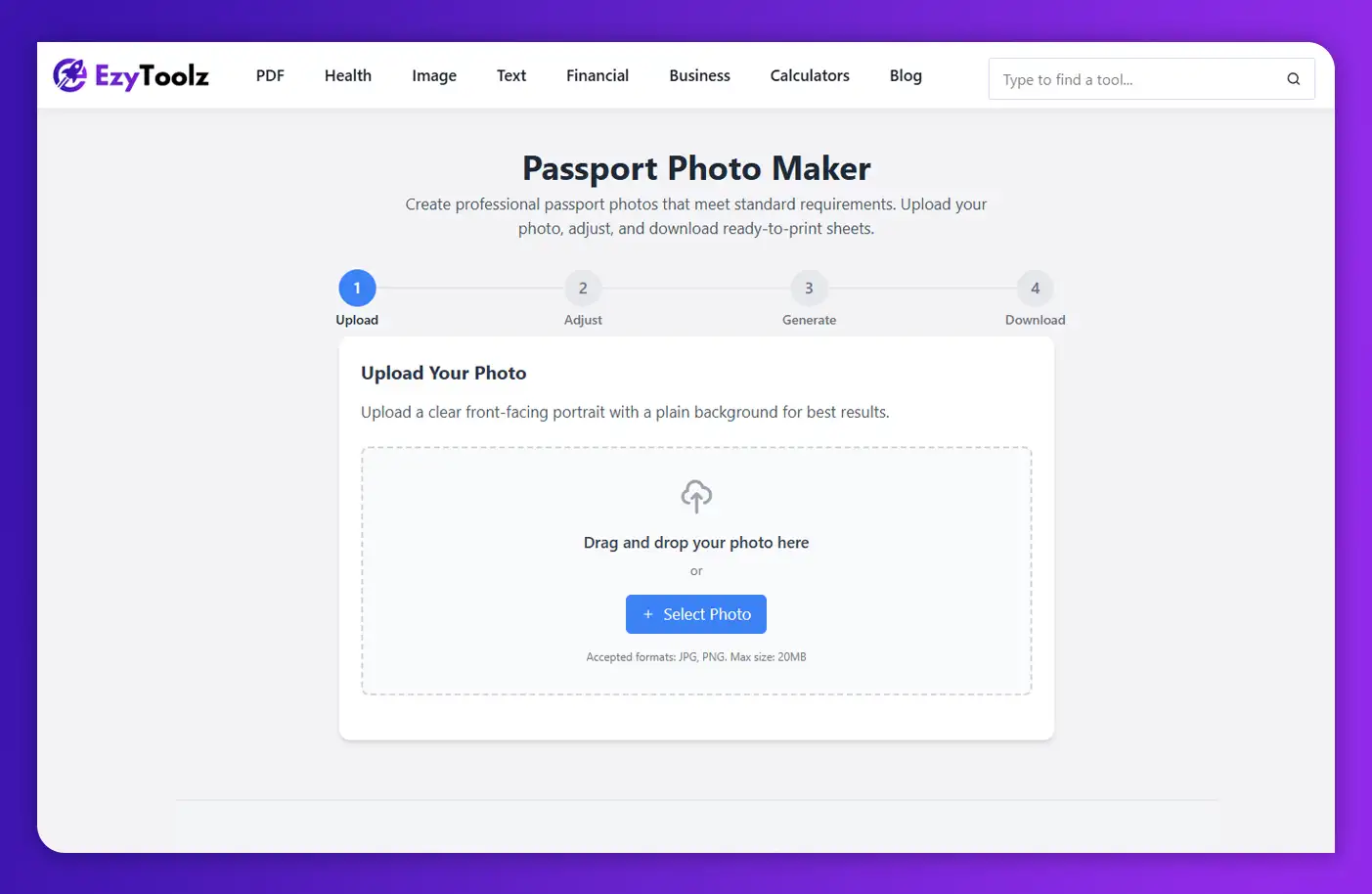 'Upload photo step in EzyToolz passport size photo online free tool