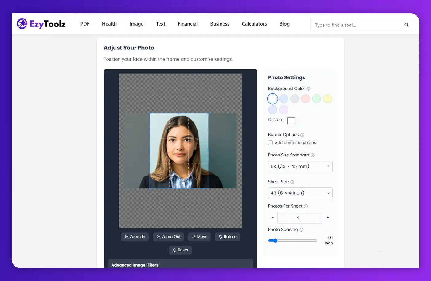 'Crop and background settings in EzyToolz passport photo maker