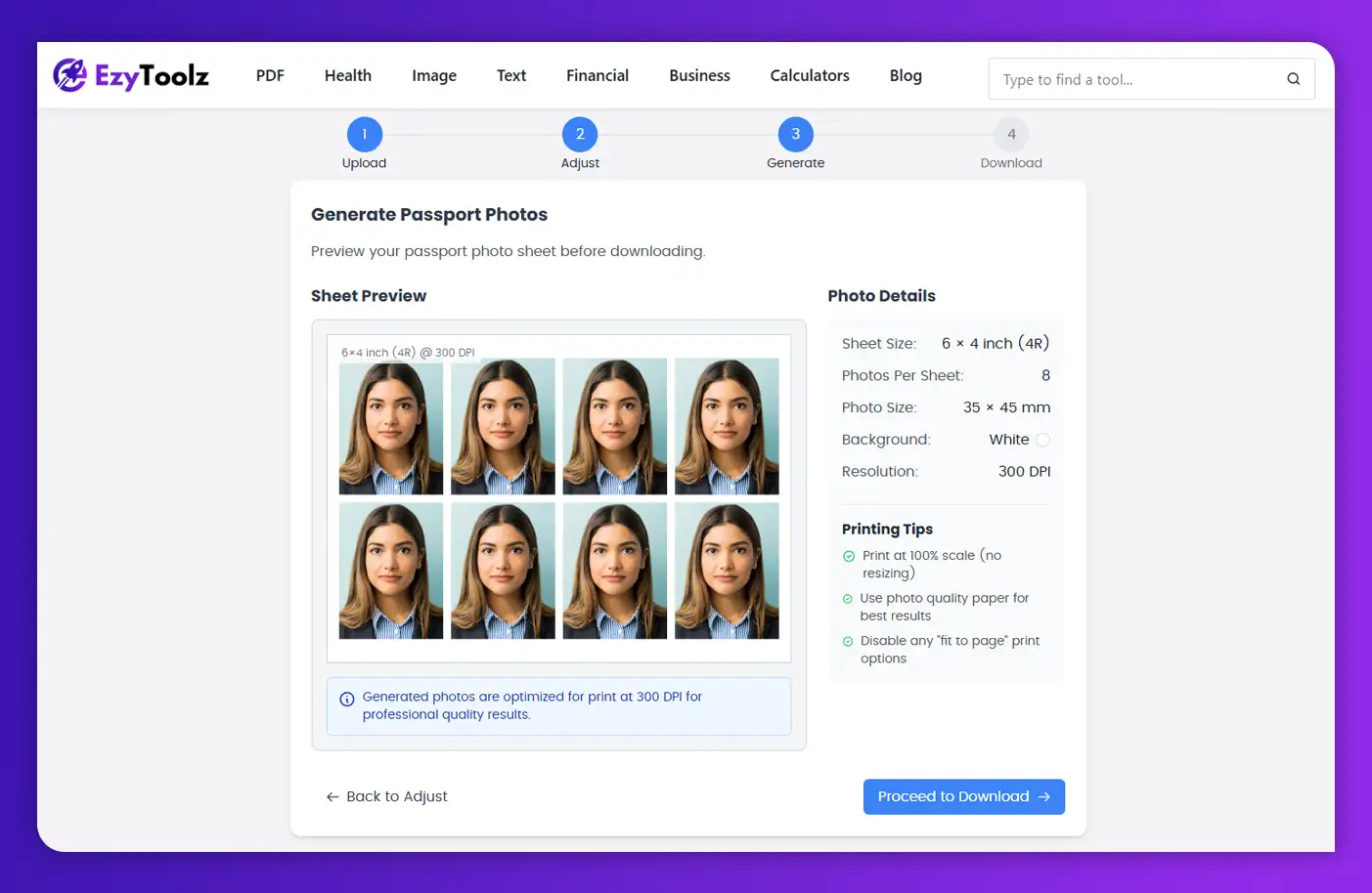 'Print sheet preview in EzyToolz passport size photo generator