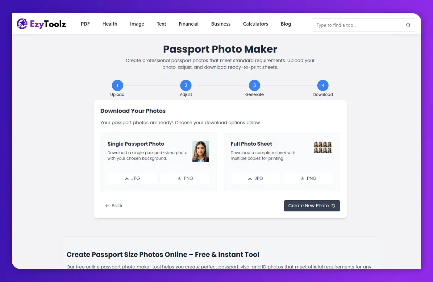 'Download options for passport size photo — single and print sheet