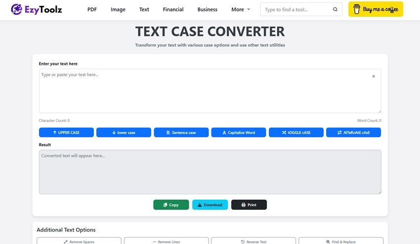 A screenshot of the user interface for the free text case converter online, showing the input and output fields and conversion buttons.