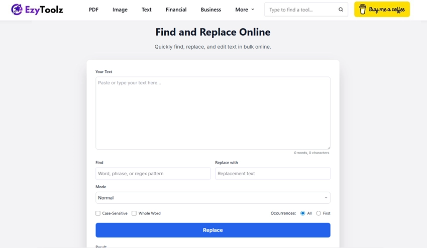 A screenshot of the Find and Replace online tool, an advanced feature for editing text in bulk.
