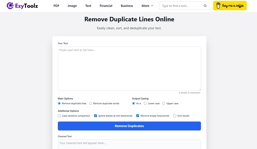 A screenshot of the Remove Duplicate Lines online tool, used for cleaning up lists and text data.