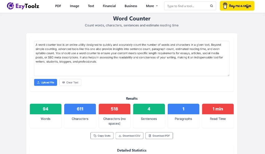 A screenshot of the Word Counter tool, an advanced feature that shows detailed text statistics like word count, character count, and sentences.