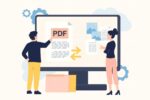 Illustration of professionals collaborating on PDF documents using Adobe Acrobat Studio AI-powered tools