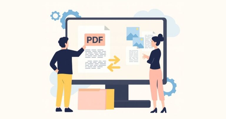 Illustration of professionals collaborating on PDF documents using Adobe Acrobat Studio AI-powered tools