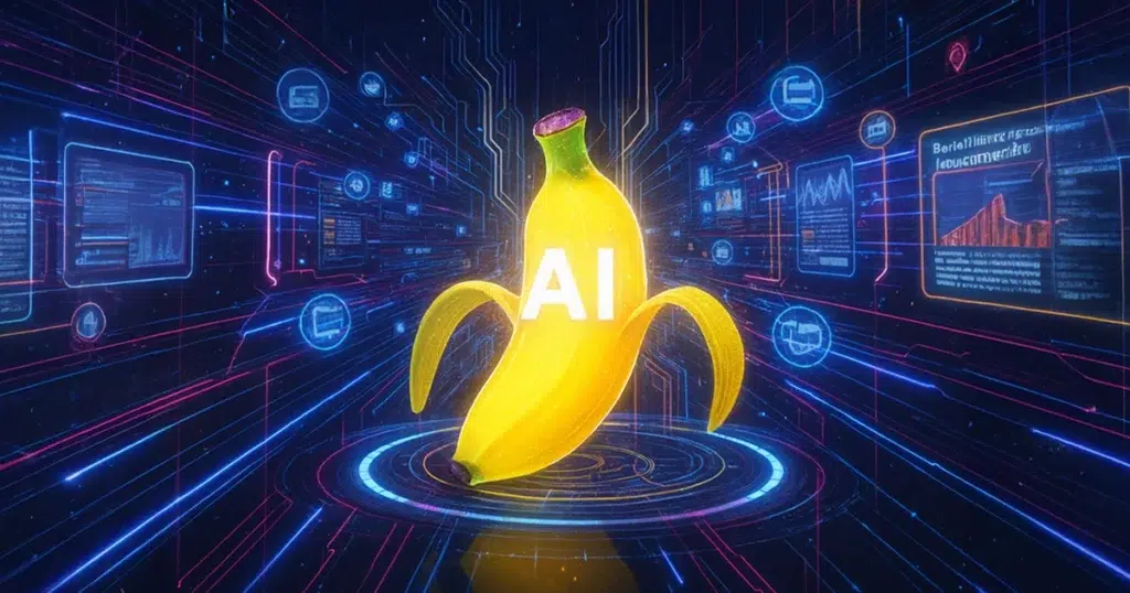 Gemini Nano Banana AI photo editing thumbnail showing a glowing banana with AI text, futuristic digital circuits, and holographic screens in the background.