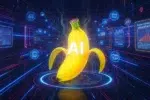 Gemini Nano Banana AI photo editing thumbnail showing a glowing banana with AI text, futuristic digital circuits, and holographic screens in the background.