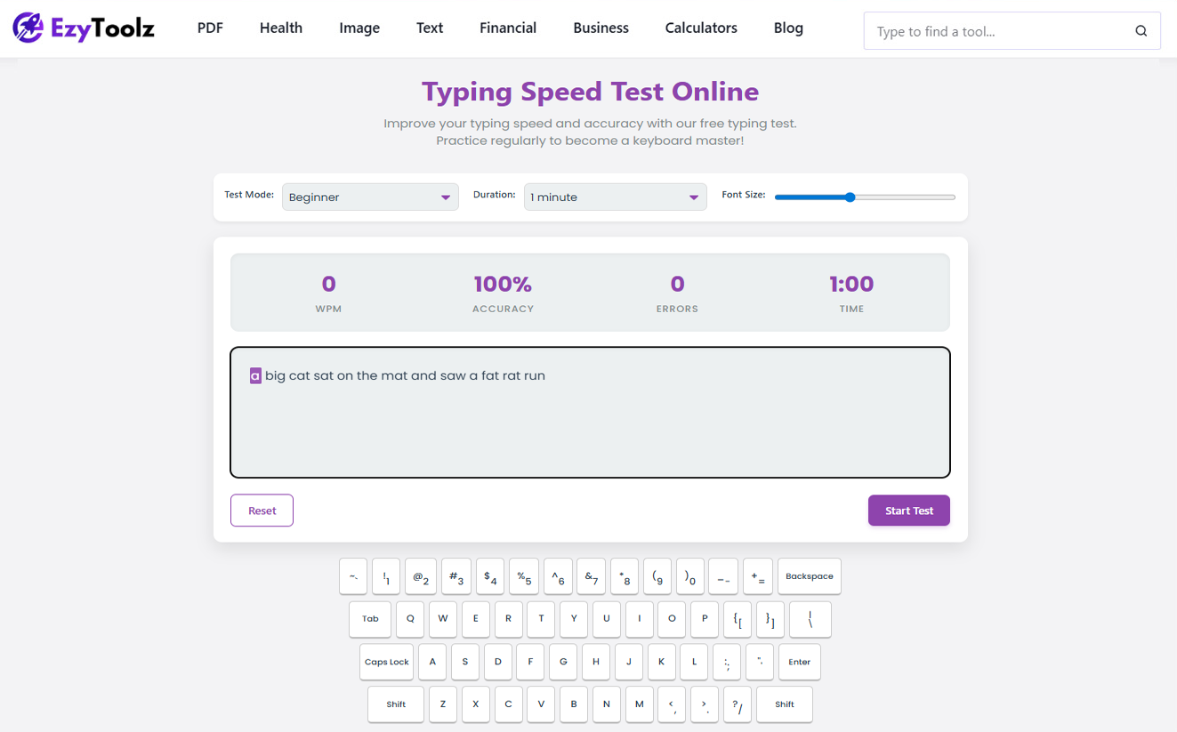EzyToolz typing speed test online showing WPM counter and text input area