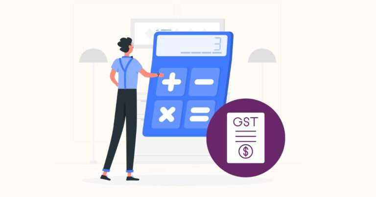 Illustration of a person using a big calculator with a GST icon, representing New GST rates 2025 and online GST calculation tool.