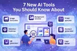 Illustration of seven AI tools for images, content, QR codes, and design.
