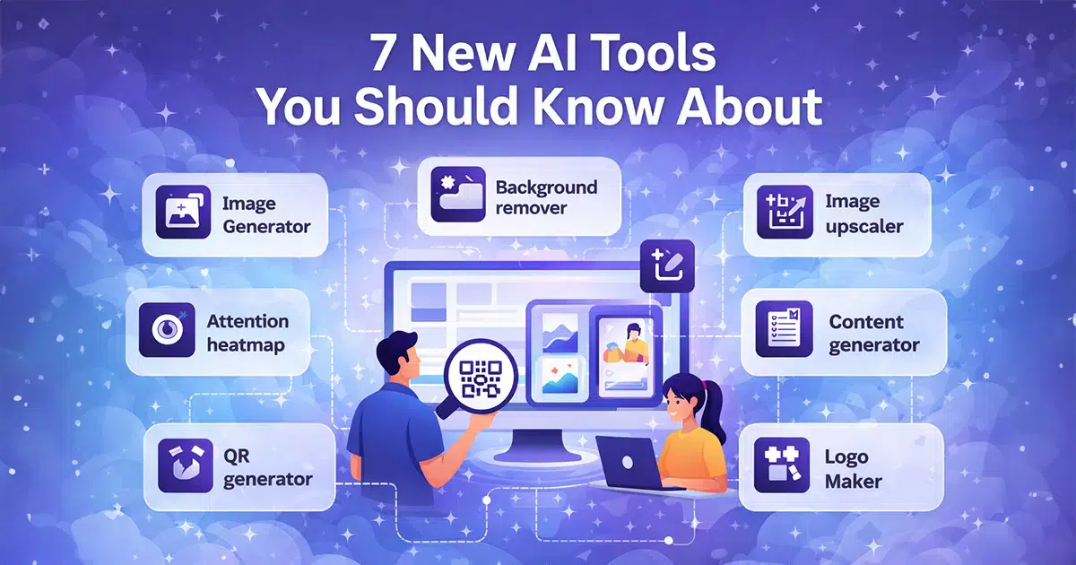 Illustration of seven Hostinger AI Tools for images, content, QR codes, and design.