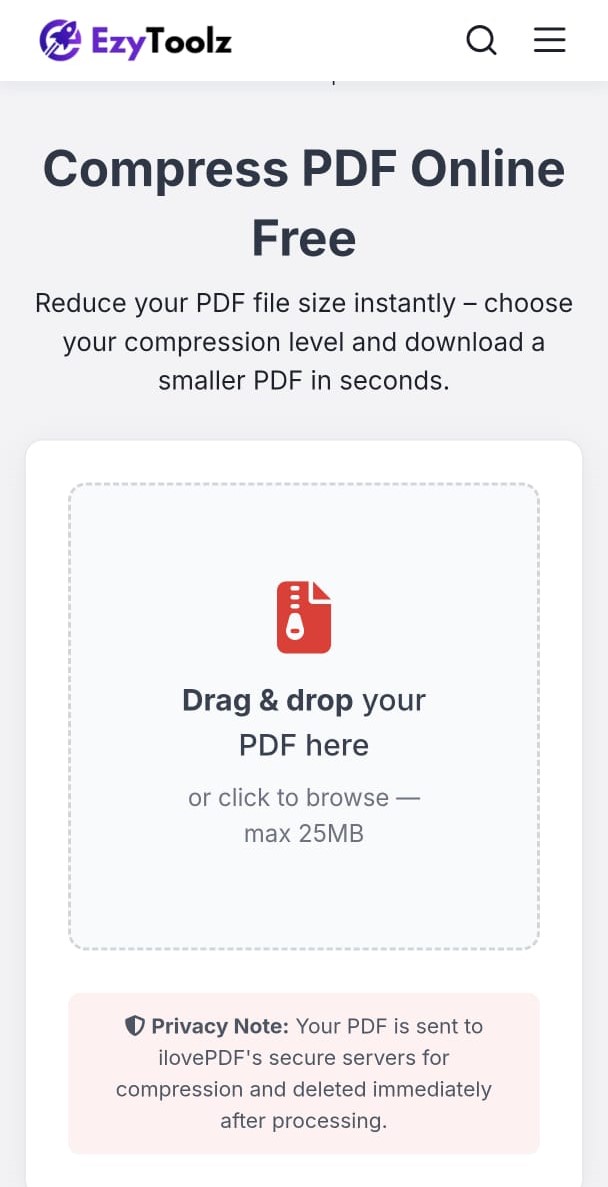EzyToolz compress PDF tool open on a mobile phone browser