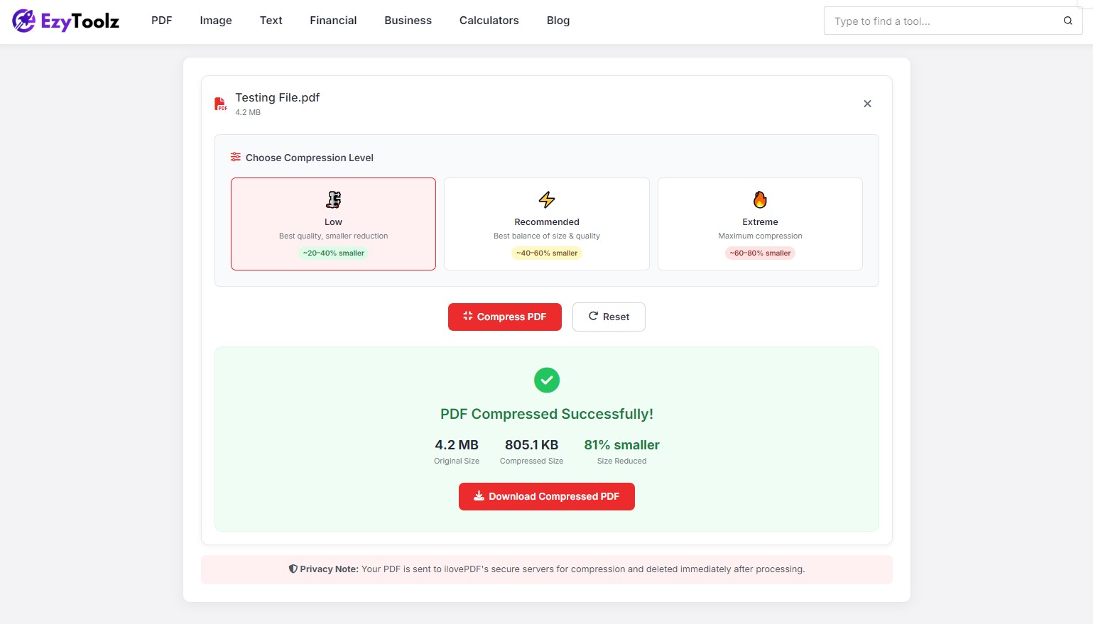 PDF compressed from 9MB to 800KB using EzyToolz free compressor