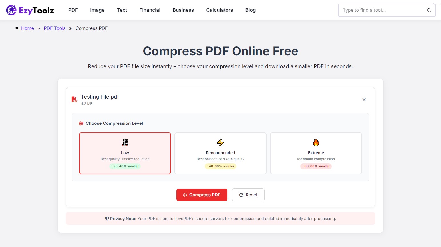 PDF compression level options Low Recommended and Extreme
