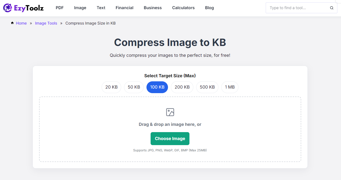 EzyToolz tool showing how to compress images without losing quality to target KB size