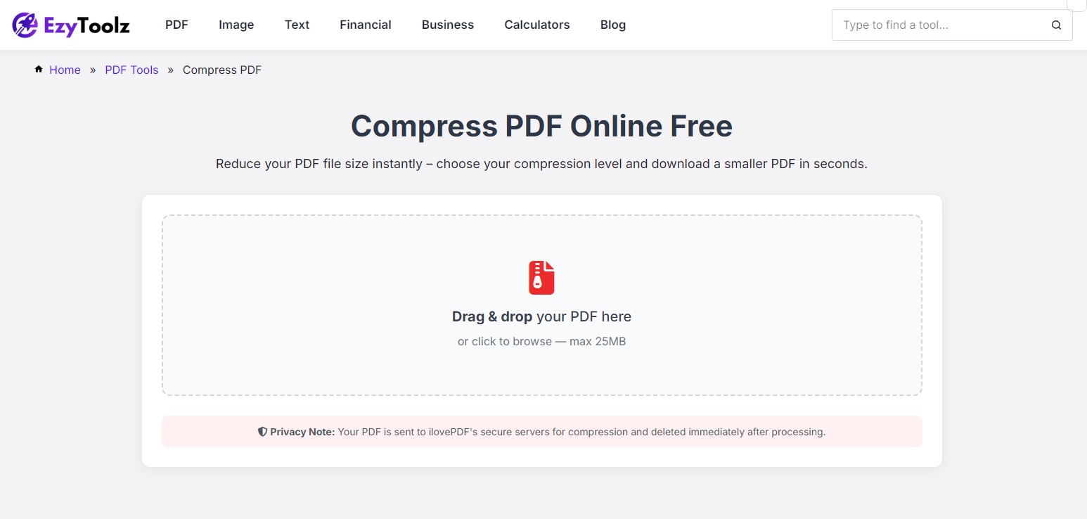 EzyToolz compress PDF tool homepage with drag and drop upload area