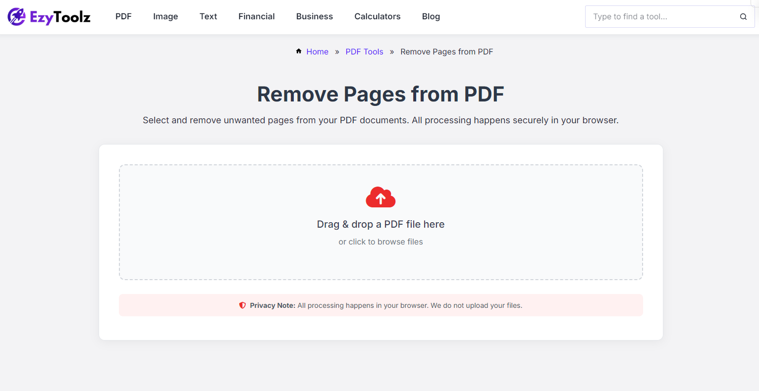 EzyToolz remove pages from PDF tool showing upload area