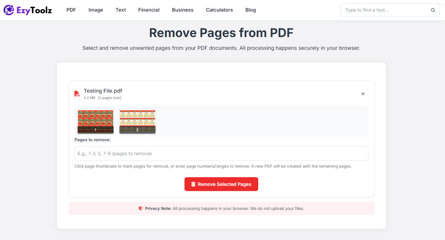 Selecting pages to delete in EzyToolz PDF page remover tool