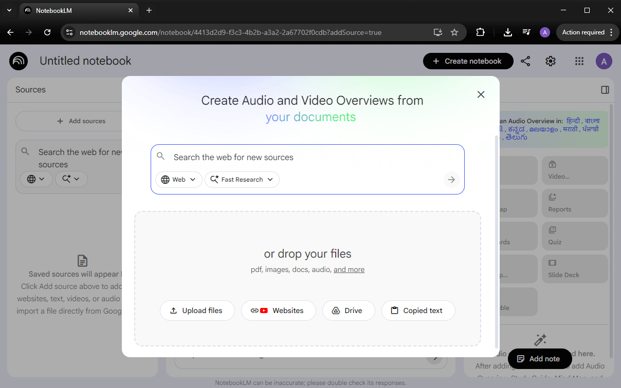 Google NotebookLM interface showing uploaded sources and AI chat with citations