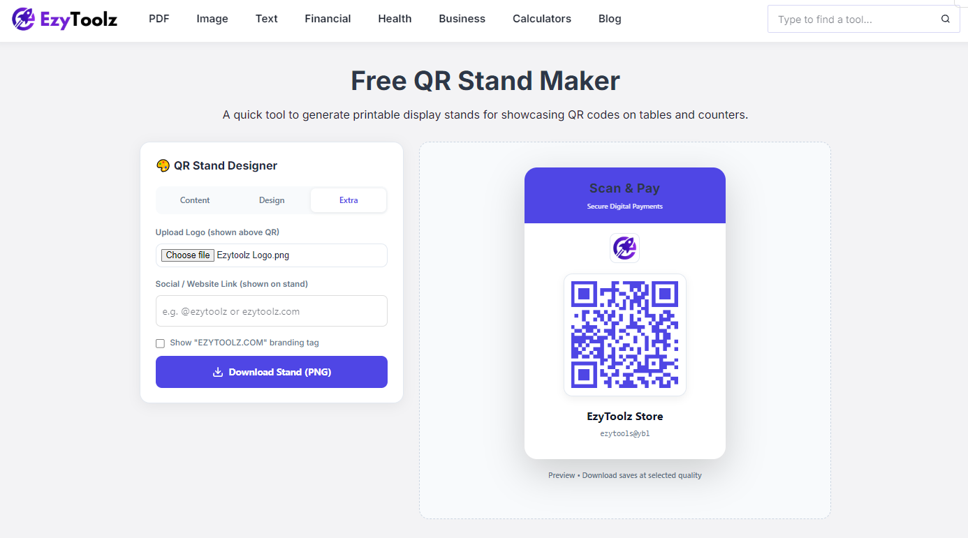Uploading a business logo to QR code stand using EzyToolz extra tab options