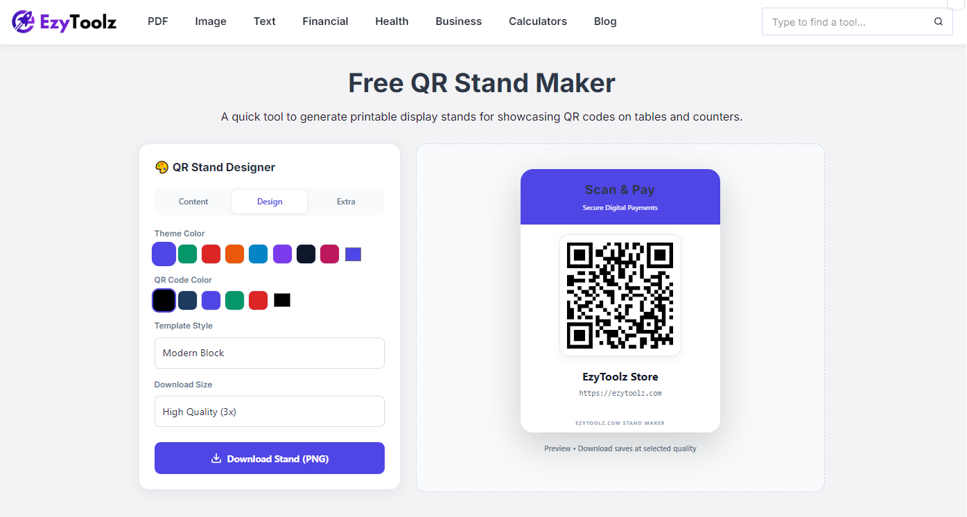 Customizing QR code stand theme color and template style in EzyToolz design tab