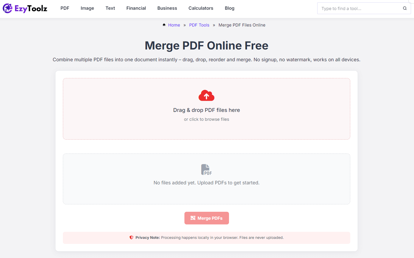 EzyToolz merge PDF tool showing drag and drop upload area for combining PDF files