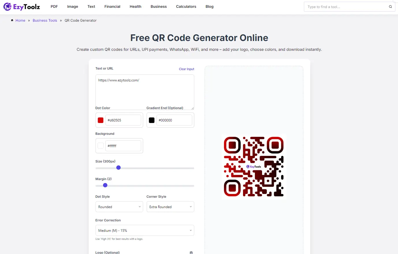 EzyToolz QR code generator customization panel showing color pickers, dot style options and logo upload area
