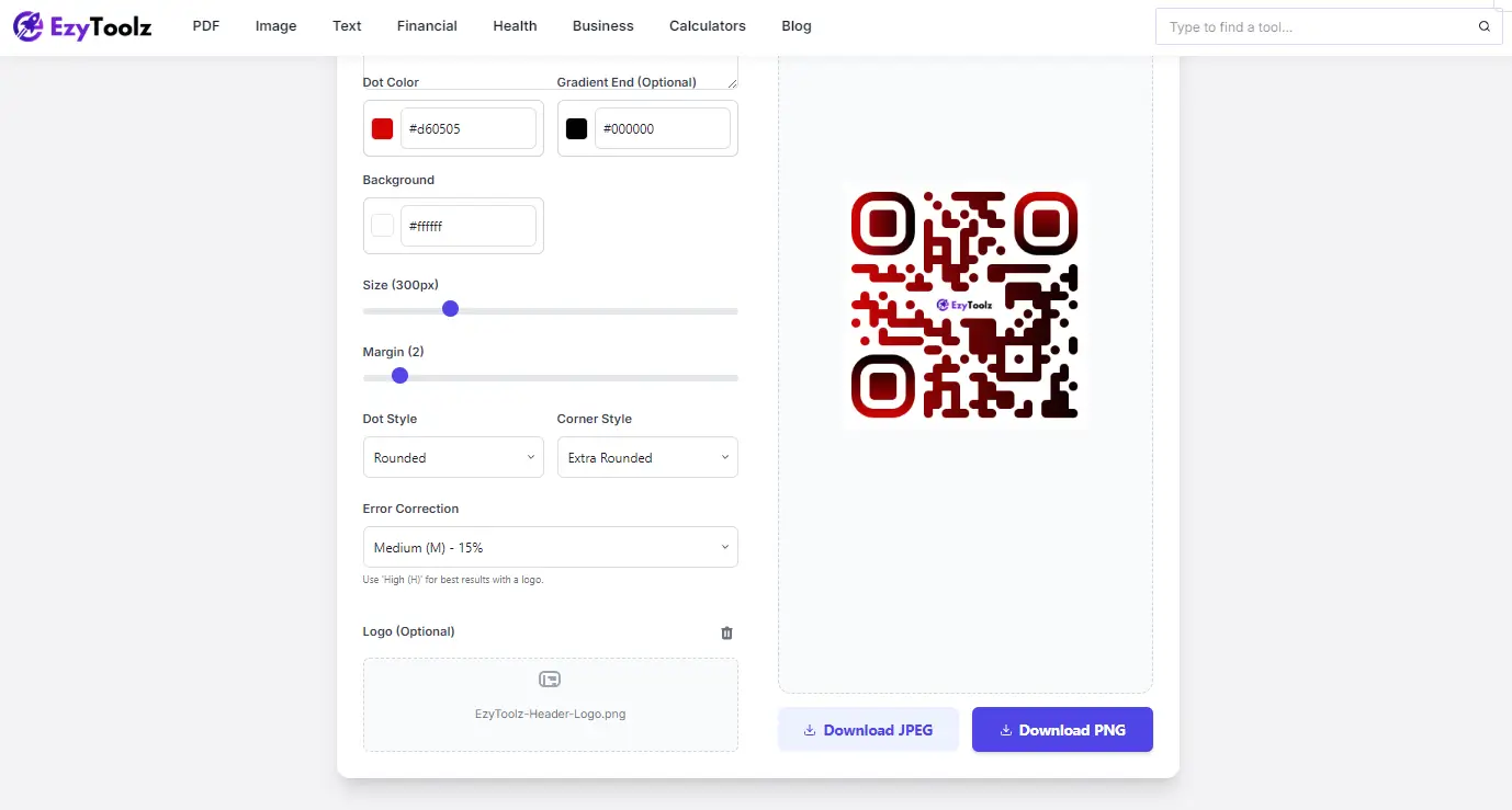 Download buttons for PNG and JPEG format in EzyToolz free QR code generator tool