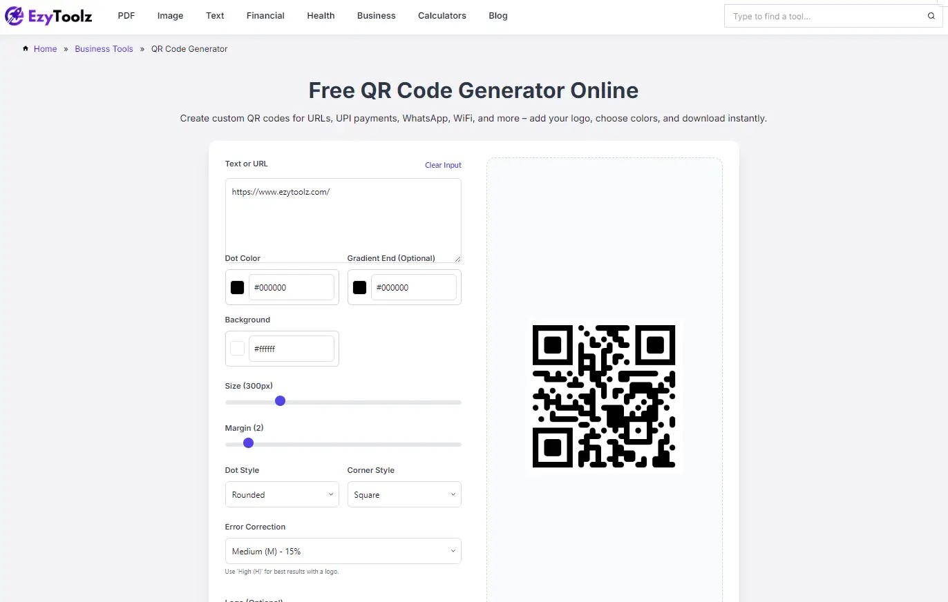 Entering a website URL into EzyToolz free QR code generator text input field to create QR code instantly