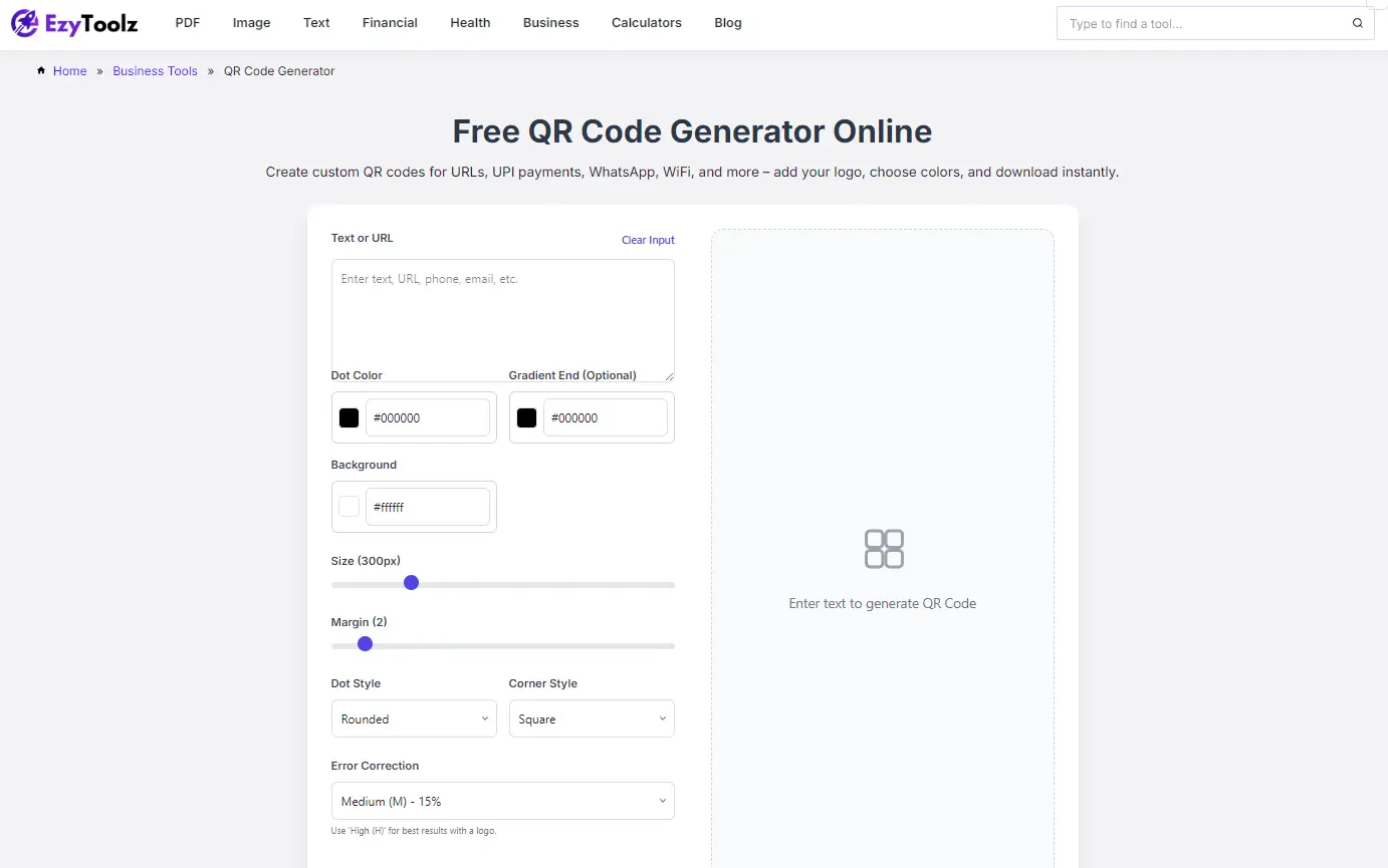 EzyToolz free QR code generator tool interface showing text input, color options and QR preview panel