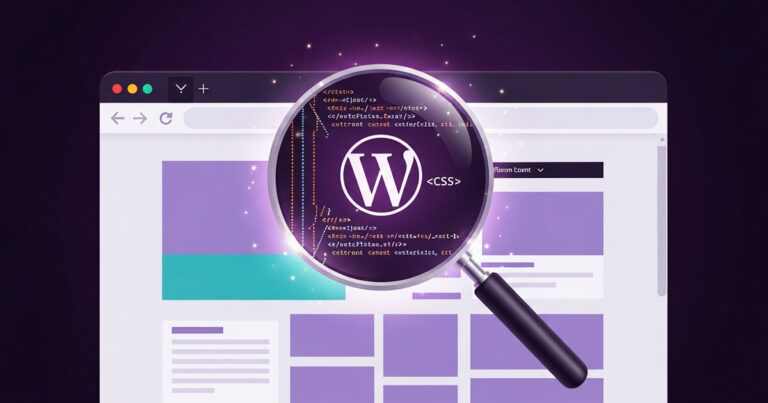 Magnifying glass revealing WordPress theme code in a browser β how to find what theme a website is using
