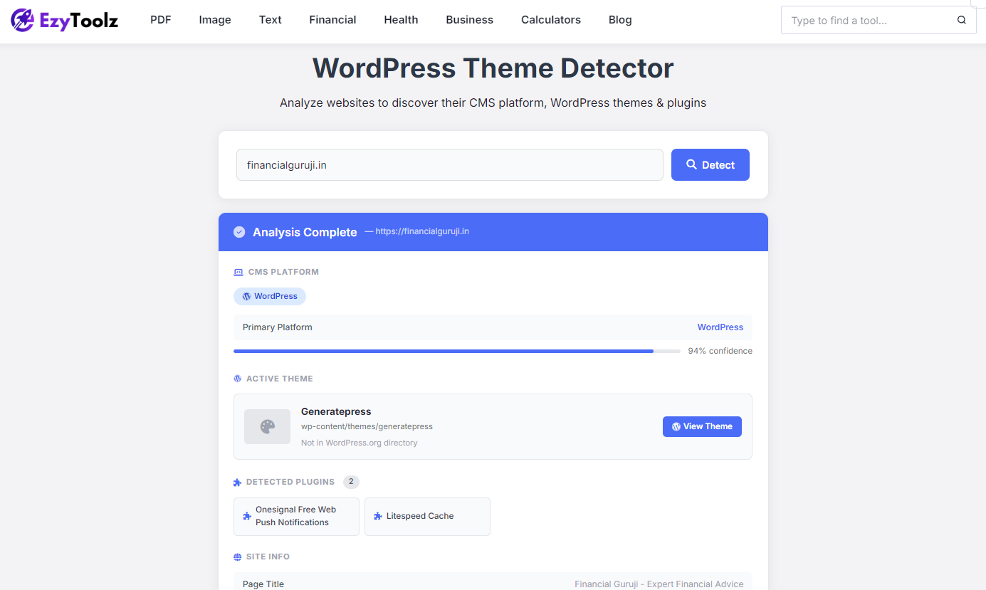 How to find what theme a website is using — EzyToolz WordPress theme detector results