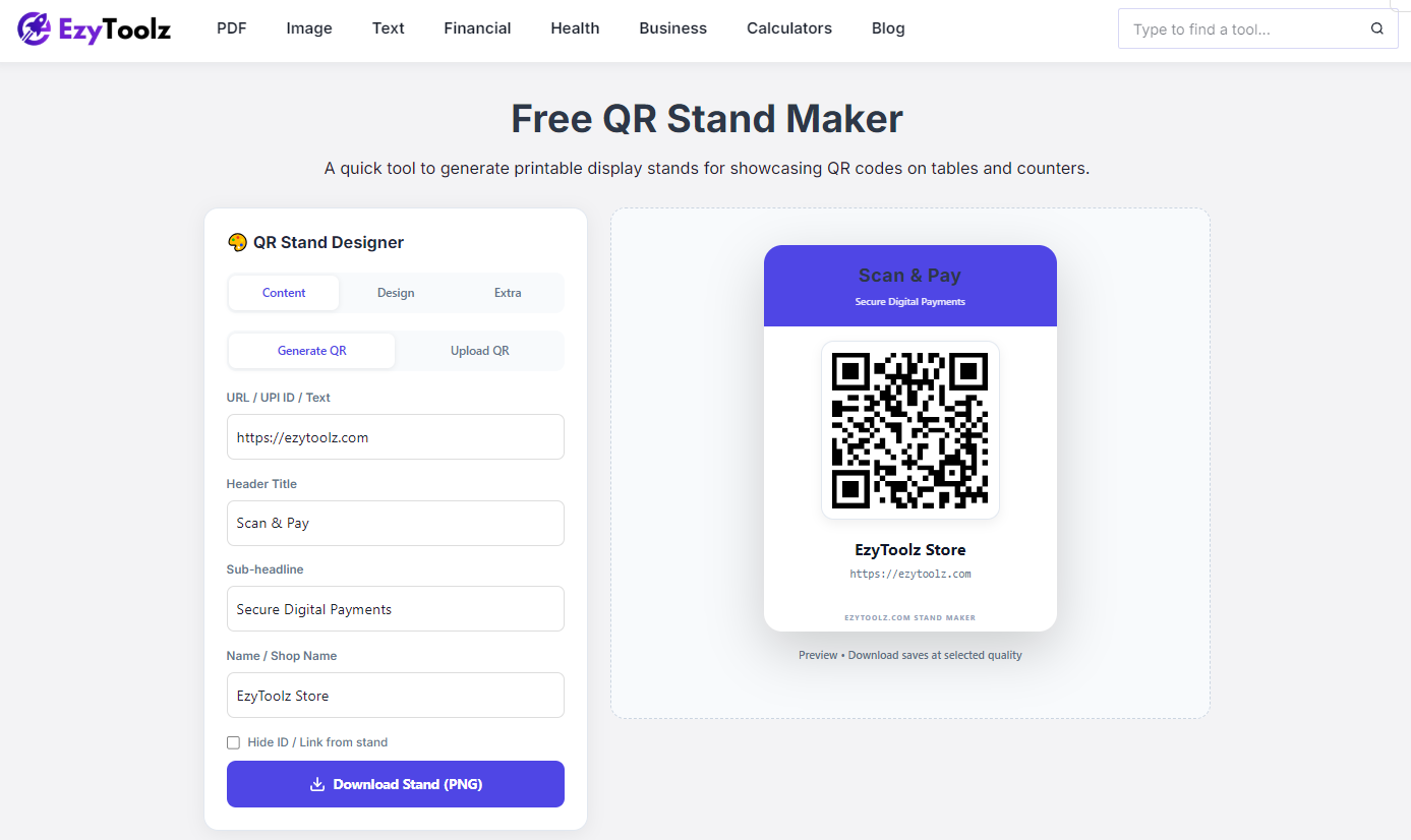 Free QR code stand maker tool open in browser on EzyToolz website