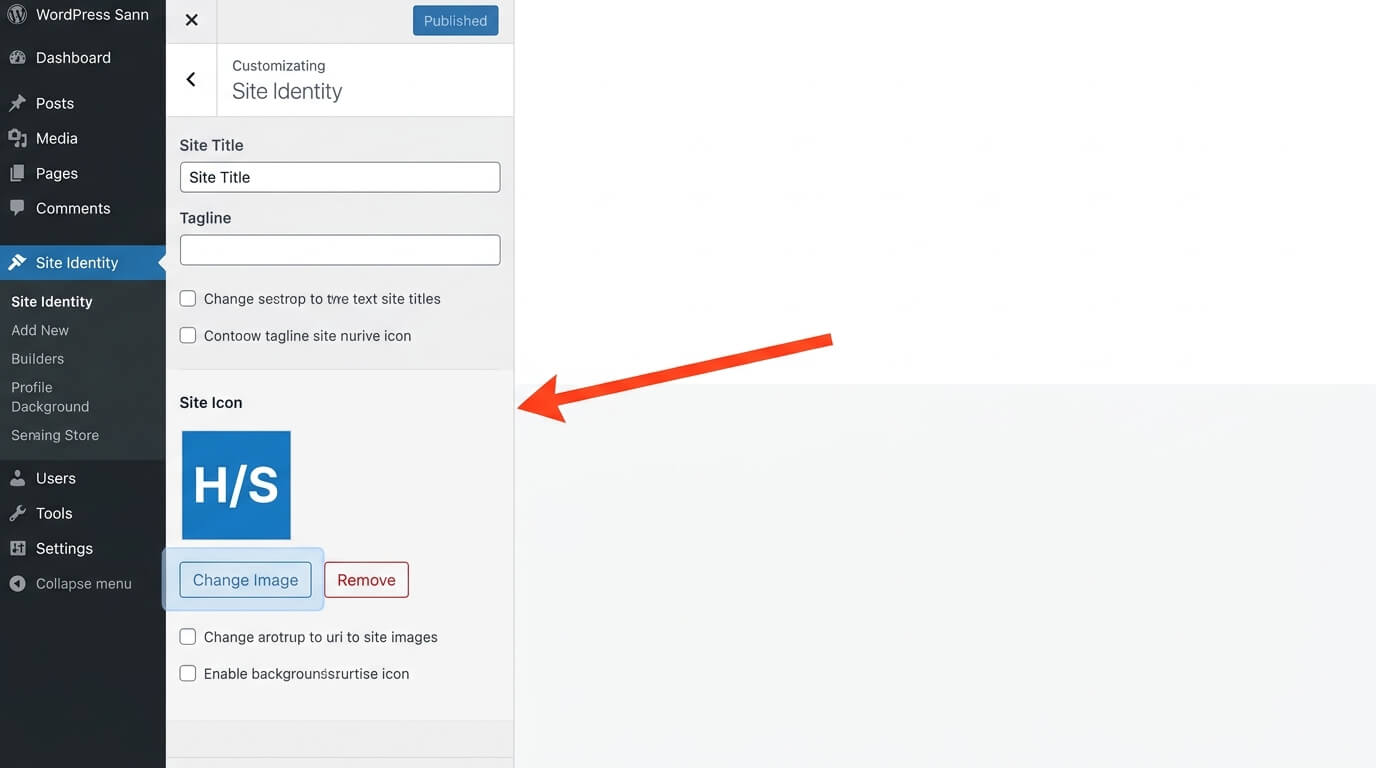 WordPress Customizer showing Site Identity and Site Icon upload option