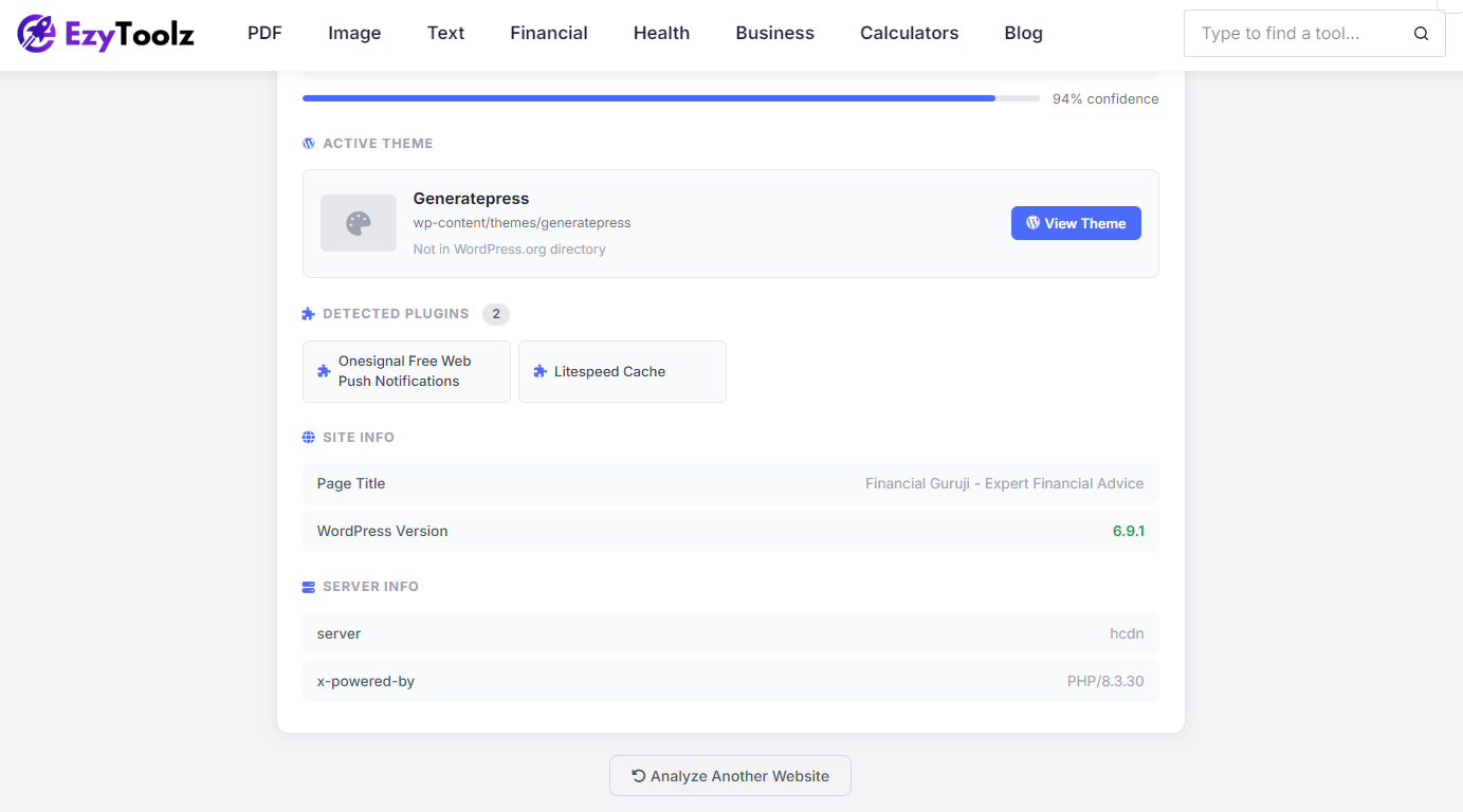 WordPress theme detector showing theme name, confidence score and active plugins